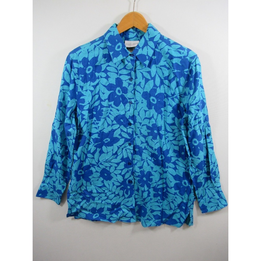 NEW Vtg 90s Jaclyn Smith Linen Blend Button Up Tunic Women Medium Blue Floral
